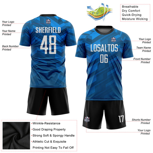 Custom Light Blue Black-White Home Sublimation Soccer Uniform Jersey  Discount