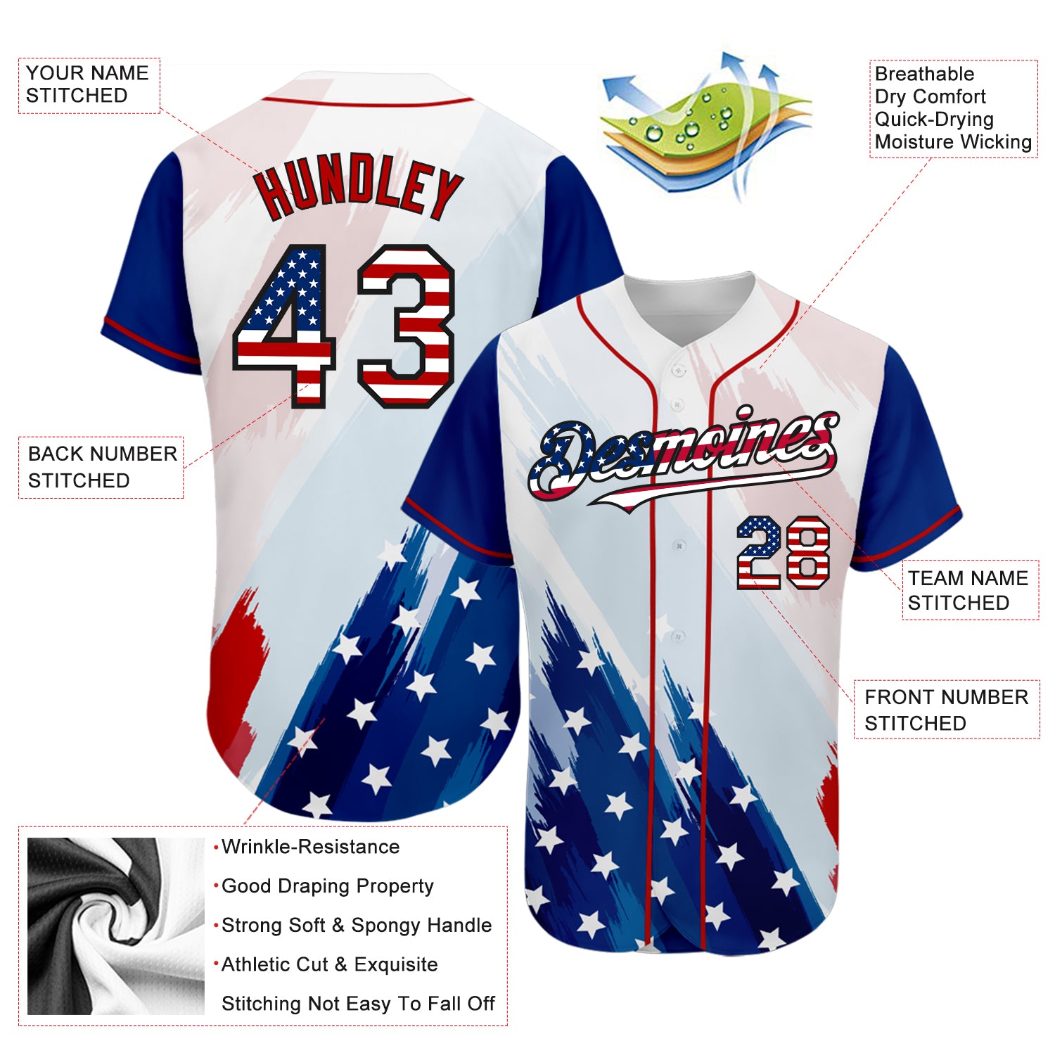 Custom White USA Flag Royal Red-Black 3D American Flag Fashion Authentic Baseball Jersey