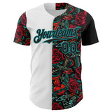 Custom White Black-Teal 3D Pattern Design Vintage Tattoos Authentic Baseball Jersey