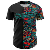 Custom Black Teal 3D Pattern Design Vintage Tattoos Authentic Baseball Jersey