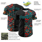 Custom Black Teal 3D Pattern Design Vintage Tattoos Authentic Baseball Jersey