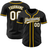 Custom Black White Pinstripe White-Gold Authentic Baseball Jersey