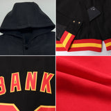 Custom Red Navy-Gold Bomber Full-Snap Varsity Letterman Two Tone Hoodie Jacket