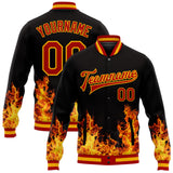 Custom Black Red-Gold Flame 3D Pattern Design Bomber Full-Snap Varsity Letterman Jacket