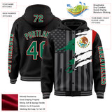 Custom Black Kelly Green Red-Gray Mexico Mexican Flag 3D Bomber Full-Snap Varsity Letterman Hoodie Jacket