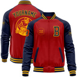 Custom Red Navy-Gold Bomber Varsity Letterman Two Tone Zipper Jacket