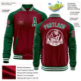 Custom Crimson Kelly Green-White Bomber Varsity Letterman Two Tone Zipper Jacket