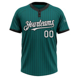 Custom Teal Black Pinstripe White Two-Button Unisex Softball Jersey