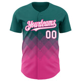 Custom Teal White-Pink 3D Pattern Design Gradient Square Shapes Authentic Baseball Jersey