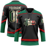 Custom Black Vintage Mexican Flag Cream Kelly Green-Red Hockey Lace Neck Jersey