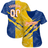 Custom Graffiti Pattern White Royal Yellow-Orange 3D Scratch Authentic Baseball Jersey