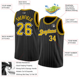 Custom Black White Pinstripe Gold-White Authentic Basketball Jersey