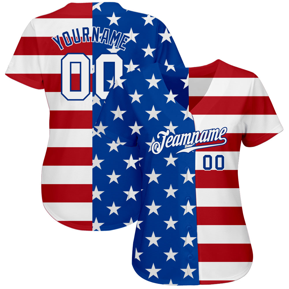 Custom Royal White-Red American Flag Fashion Authentic Baseball Jersey