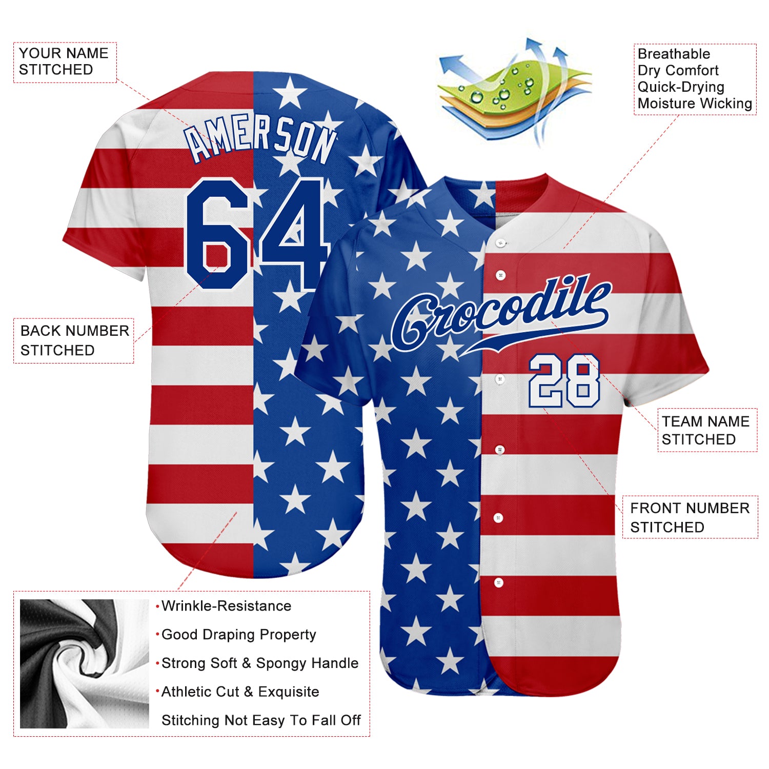 Custom Royal White-Red American Flag Fashion Authentic Baseball Jersey